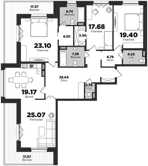 Крестовский De Luxe, Корпус 2, 3 спальни, 184.23 м² | планировка элитных квартир Санкт-Петербурга | М16